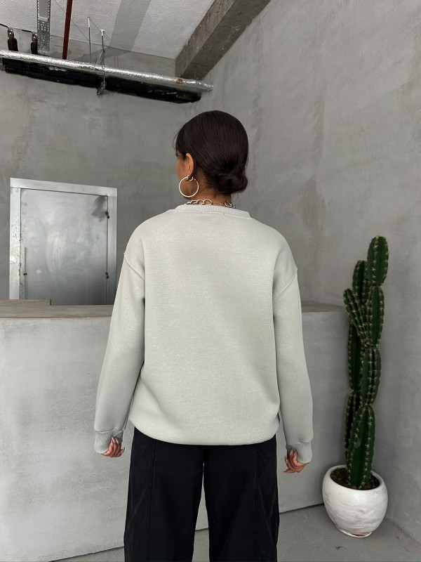 SWT-14278 Boyama Gri You Yazı Baskılı Üç İplik Şardonlu Sweatshirt - 6