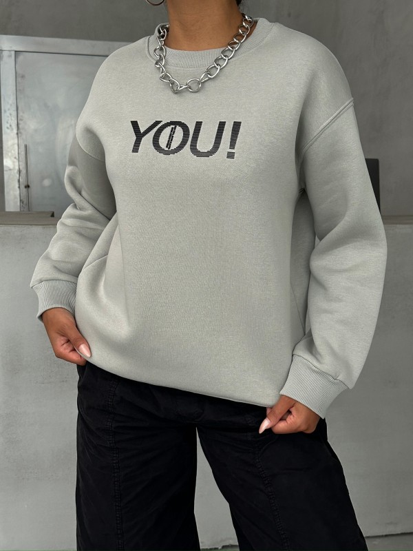 SWT-14278 Boyama Gri You Yazı Baskılı Üç İplik Şardonlu Sweatshirt - 2