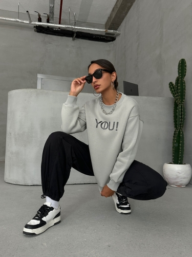 SWT-14278 Boyama Gri You Yazı Baskılı Üç İplik Şardonlu Sweatshirt - 1