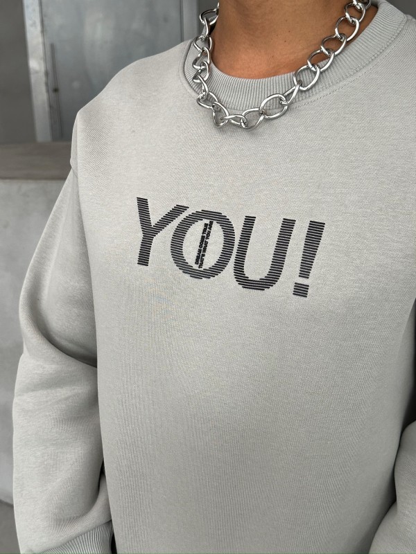 SWT-14278 Boyama Gri You Yazı Baskılı Üç İplik Şardonlu Sweatshirt - 4
