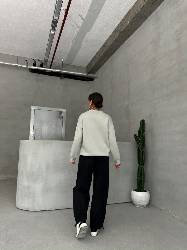 SWT-14278 Boyama Gri You Yazı Baskılı Üç İplik Şardonlu Sweatshirt - 5