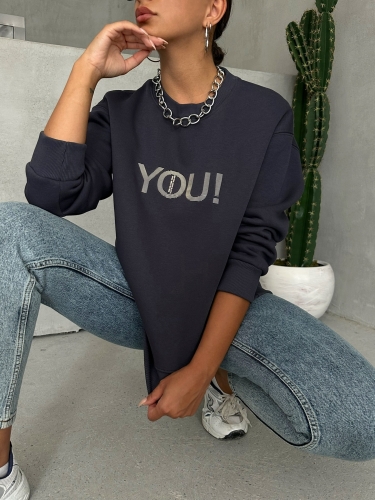 SWT-14278 Füme You Yazı Baskılı Üç İplik Şardonlu Sweatshirt - 3