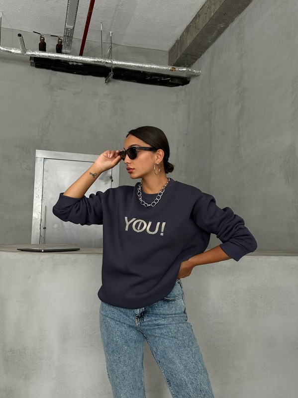 SWT-14278 Füme You Yazı Baskılı Üç İplik Şardonlu Sweatshirt - 1