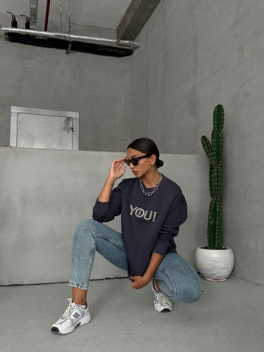 SWT-14278 Füme You Yazı Baskılı Üç İplik Şardonlu Sweatshirt - 4