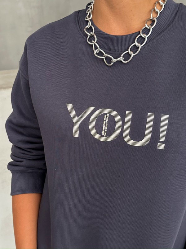 SWT-14278 Füme You Yazı Baskılı Üç İplik Şardonlu Sweatshirt - 2