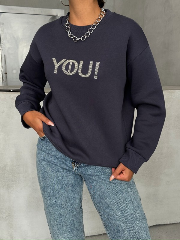 SWT-14278 Füme You Yazı Baskılı Üç İplik Şardonlu Sweatshirt - 5