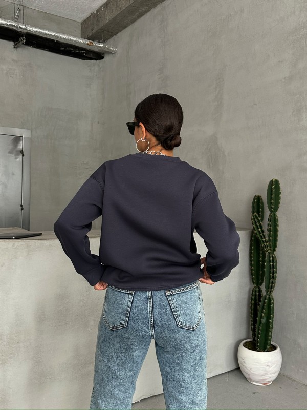 SWT-14278 Füme You Yazı Baskılı Üç İplik Şardonlu Sweatshirt - 6