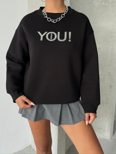SWT-14278 Siyah You Yazı Baskılı Üç İplik Şardonlu Sweatshirt - 4