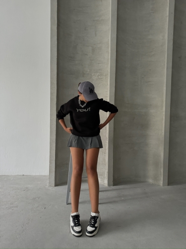 SWT-14278 Siyah You Yazı Baskılı Üç İplik Şardonlu Sweatshirt - 3