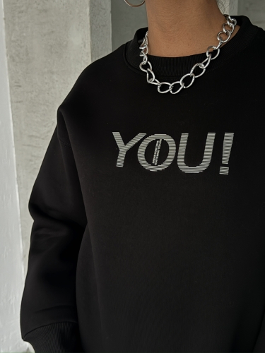 SWT-14278 Siyah You Yazı Baskılı Üç İplik Şardonlu Sweatshirt - 2