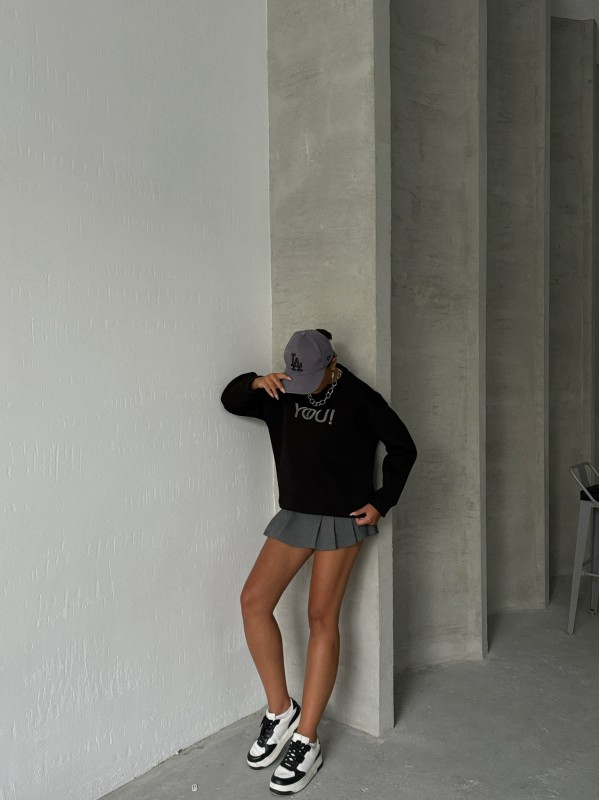 SWT-14278 Siyah You Yazı Baskılı Üç İplik Şardonlu Sweatshirt - 5