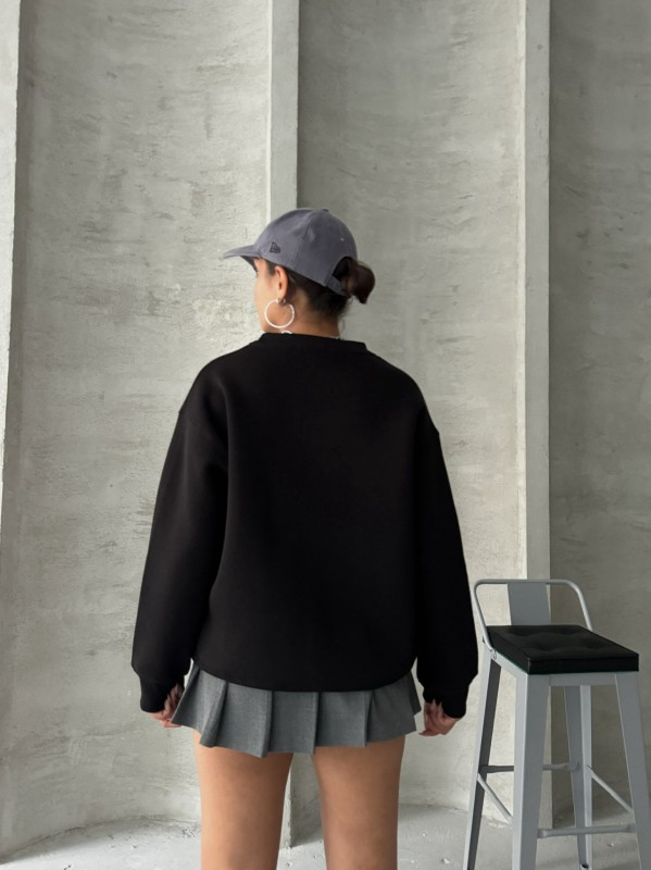 SWT-14278 Siyah You Yazı Baskılı Üç İplik Şardonlu Sweatshirt - 7