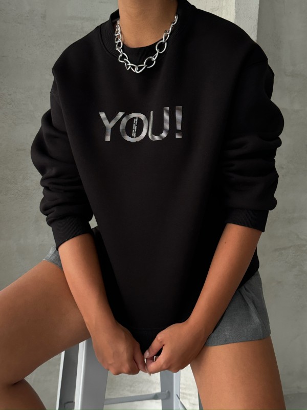 SWT-14278 Siyah You Yazı Baskılı Üç İplik Şardonlu Sweatshirt - 6