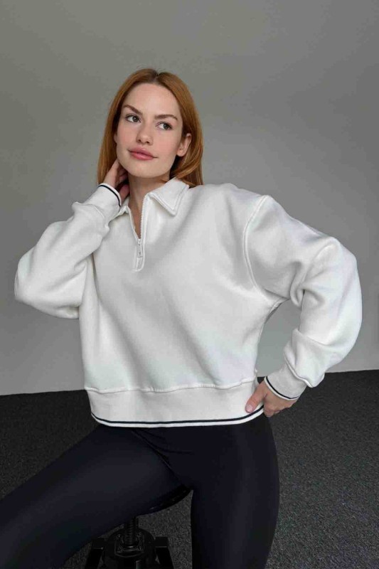 SWT-14280 Beyaz Fermuarlı Kol Bel Şerit Detaylı Dik Yaka Sweatshirt - 1