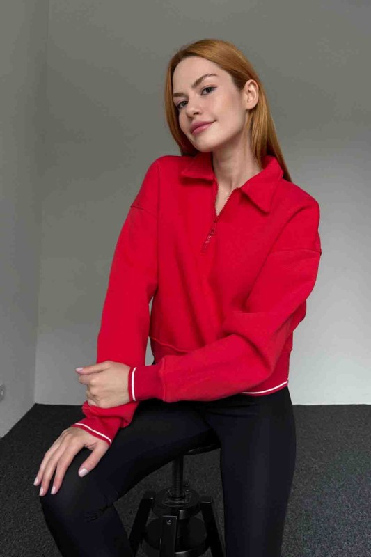 SWT-14280 Kırmızı Fermuarlı Kol Bel Şerit Detaylı Dik Yaka Sweatshirt - 1
