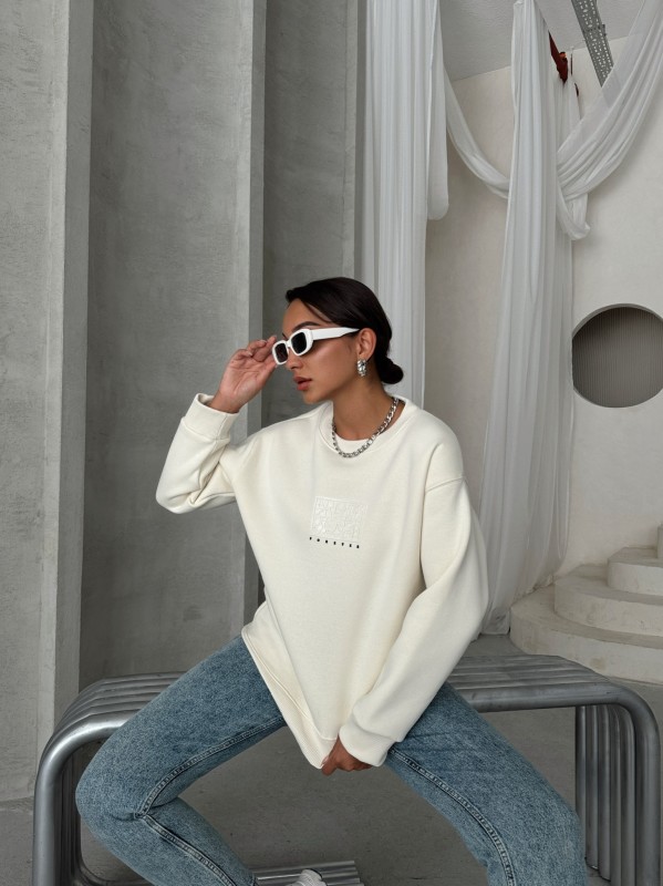 SWT-14283 Beyaz Forever Yazı Baskılı Üç İplik Şardonlu Bisiklet Yaka Sweatshirt - 1