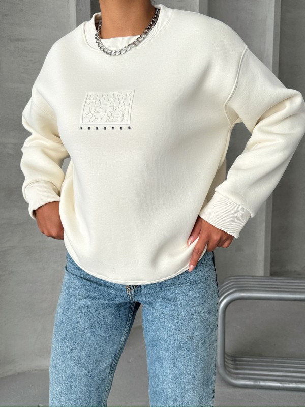 SWT-14283 Beyaz Forever Yazı Baskılı Üç İplik Şardonlu Bisiklet Yaka Sweatshirt - 2