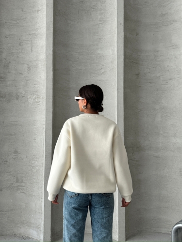 SWT-14283 Beyaz Forever Yazı Baskılı Üç İplik Şardonlu Bisiklet Yaka Sweatshirt - 4