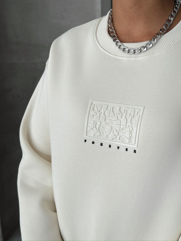 SWT-14283 Beyaz Forever Yazı Baskılı Üç İplik Şardonlu Bisiklet Yaka Sweatshirt - 3