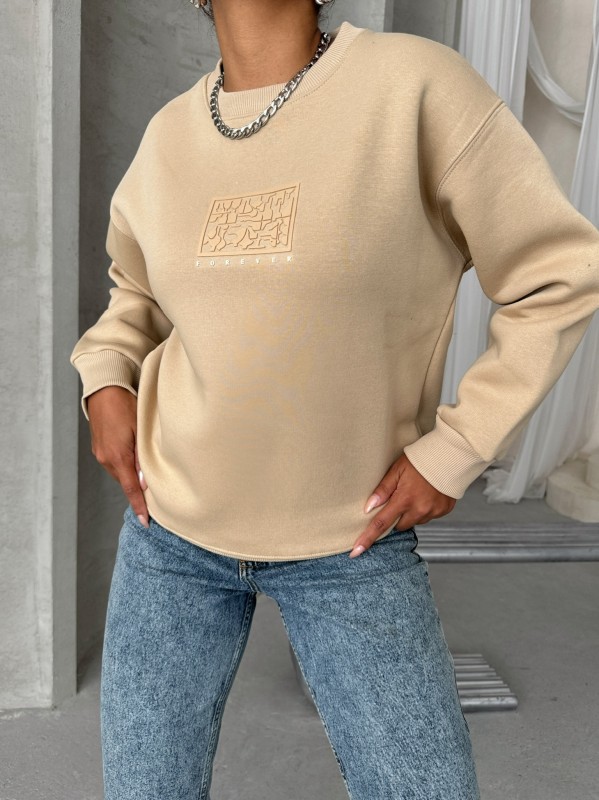 SWT-14283 Vizon Forever Yazı Baskılı Üç İplik Şardonlu Bisiklet Yaka Sweatshirt - 1