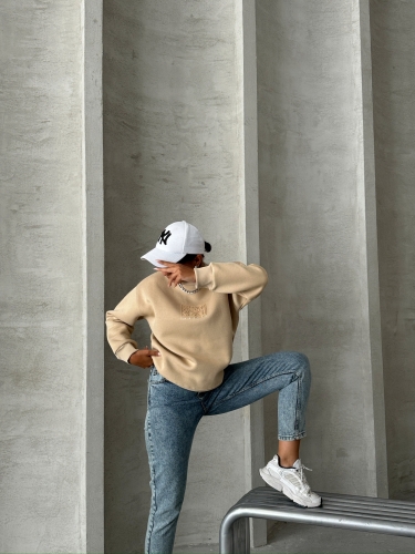 SWT-14283 Vizon Forever Yazı Baskılı Üç İplik Şardonlu Bisiklet Yaka Sweatshirt - 5