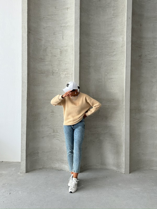 SWT-14283 Vizon Forever Yazı Baskılı Üç İplik Şardonlu Bisiklet Yaka Sweatshirt - 2