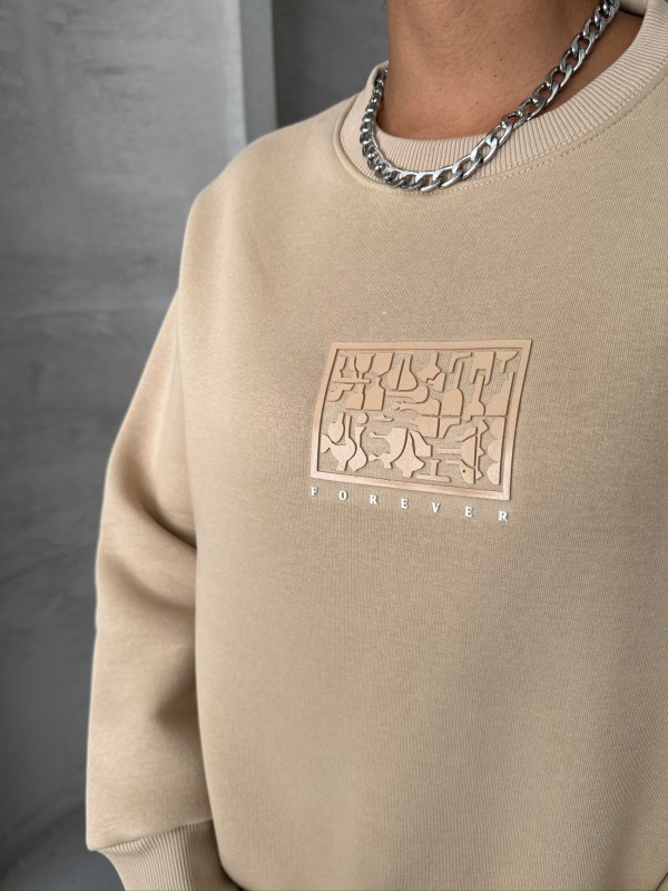 SWT-14283 Vizon Forever Yazı Baskılı Üç İplik Şardonlu Bisiklet Yaka Sweatshirt - 3