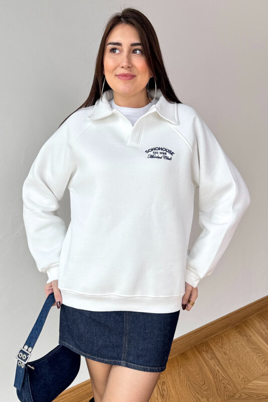 SWT-14284 Beyaz Nakışlı Polo Yaka Üç İplik Şardonlu Sweat - 3