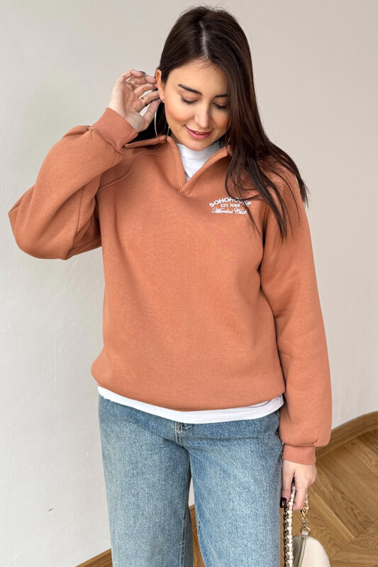 SWT-14284 Karamel Nakışlı Polo Yaka Üç İplik Şardonlu Sweat - 1