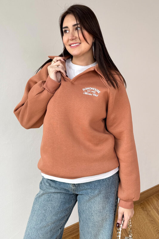SWT-14284 Karamel Nakışlı Polo Yaka Üç İplik Şardonlu Sweat - 2
