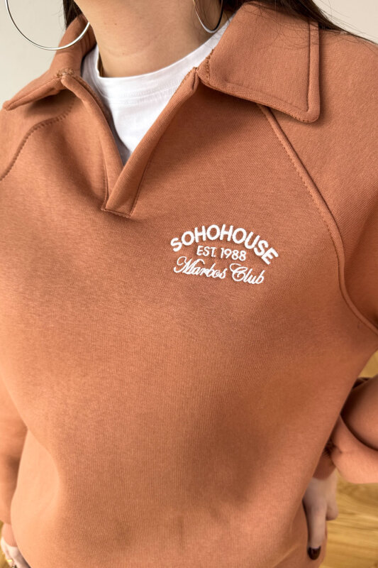 SWT-14284 Karamel Nakışlı Polo Yaka Üç İplik Şardonlu Sweat - 4