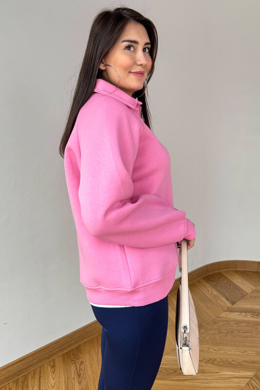 SWT-14284 Pembe Nakışlı Polo Yaka Üç İplik Şardonlu Sweat - 3