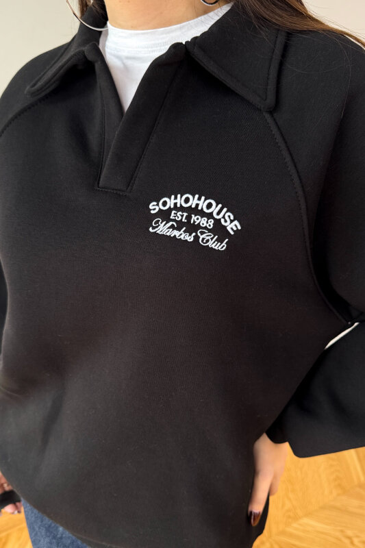 SWT-14284 Siyah Nakışlı Polo Yaka Üç İplik Şardonlu Sweat - 3