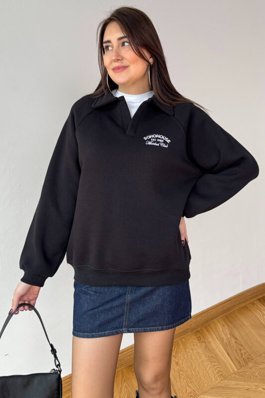 SWT-14284 Siyah Nakışlı Polo Yaka Üç İplik Şardonlu Sweat - 4