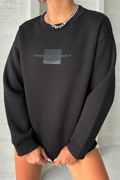 SWT-14285 Siyah Kabartma Yazı Baskılı Bisiklet Yaka Sweatshirt - 3