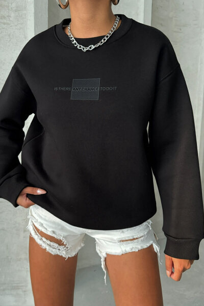 SWT-14285 Siyah Kabartma Yazı Baskılı Bisiklet Yaka Sweatshirt - 4