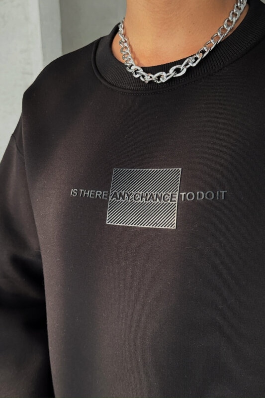 SWT-14285 Siyah Kabartma Yazı Baskılı Bisiklet Yaka Sweatshirt - 5