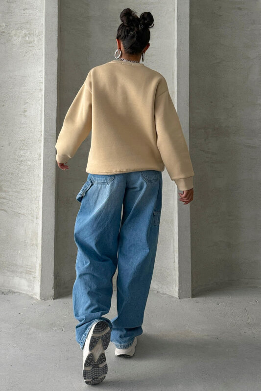 SWT-14285 Vizon Kabartma Yazı Baskılı Bisiklet Yaka Sweatshirt - 3