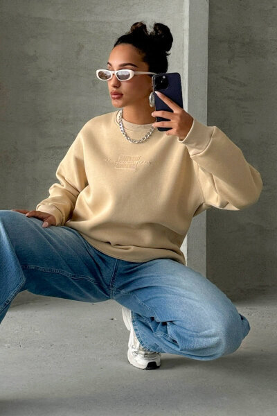 SWT-14285 Vizon Kabartma Yazı Baskılı Bisiklet Yaka Sweatshirt - 4