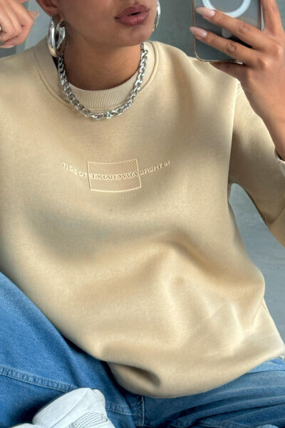 SWT-14285 Vizon Kabartma Yazı Baskılı Bisiklet Yaka Sweatshirt - 5