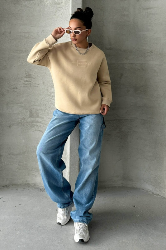 SWT-14285 Vizon Kabartma Yazı Baskılı Bisiklet Yaka Sweatshirt - 2