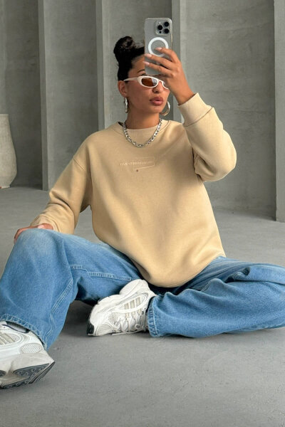 SWT-14285 Vizon Kabartma Yazı Baskılı Bisiklet Yaka Sweatshirt