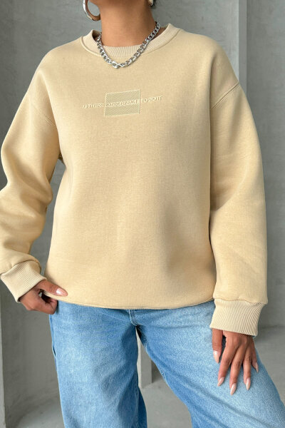 SWT-14285 Vizon Kabartma Yazı Baskılı Bisiklet Yaka Sweatshirt - 6