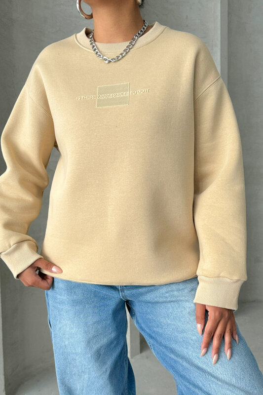 SWT-14285 Vizon Kabartma Yazı Baskılı Bisiklet Yaka Sweatshirt - 6