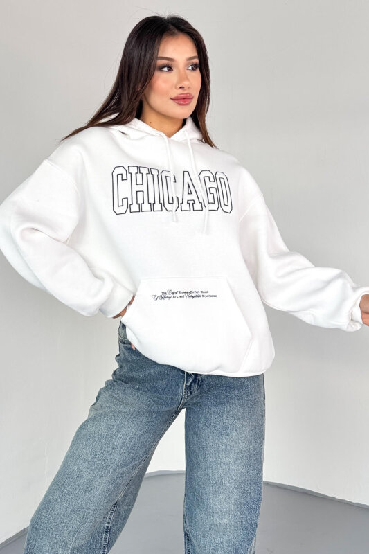 SWT-1682 Ekru Chicago Baskılı Kapüşonlu Kanguru Cep Hoodie - 4