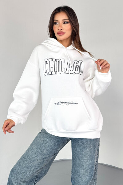 SWT-1682 Ekru Chicago Baskılı Kapüşonlu Kanguru Cep Hoodie - 5