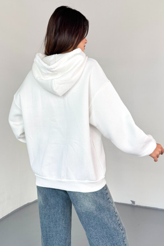 SWT-1682 Ekru Chicago Baskılı Kapüşonlu Kanguru Cep Hoodie - 6