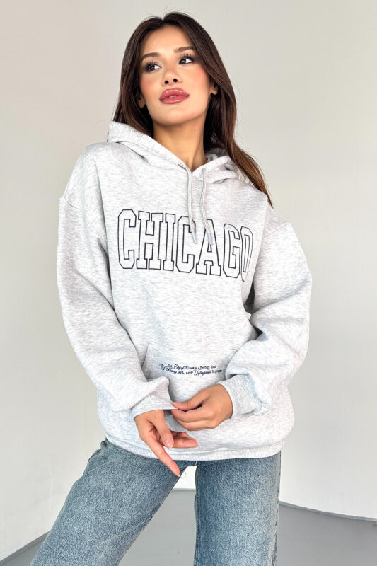 SWT-1682 Gri Chicago Baskılı Kapüşonlu Kanguru Cep Hoodie  - 1