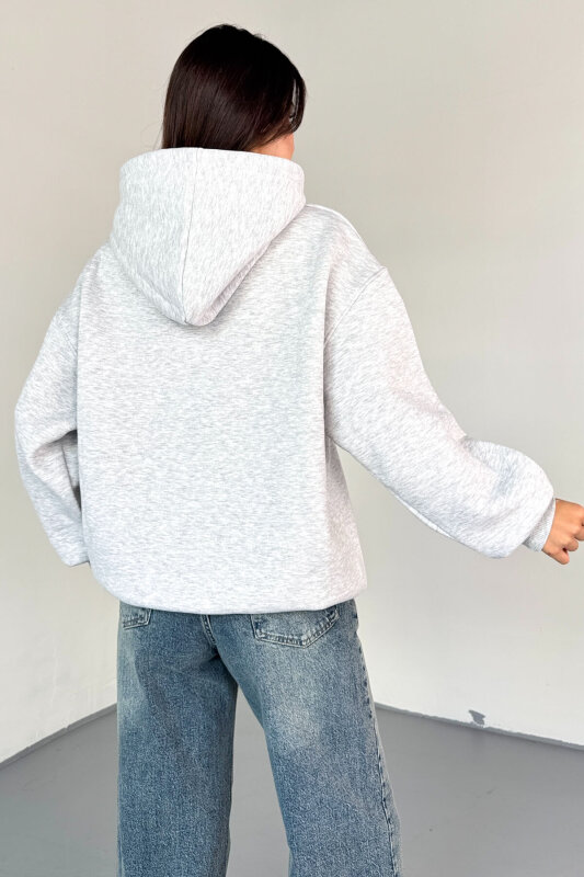 SWT-1682 Gri Chicago Baskılı Kapüşonlu Kanguru Cep Hoodie  - 4