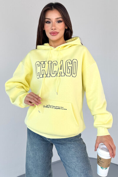 SWT-1682 Sarı Chicago Baskılı Kapüşonlu Kanguru Cep Hoodie - 5